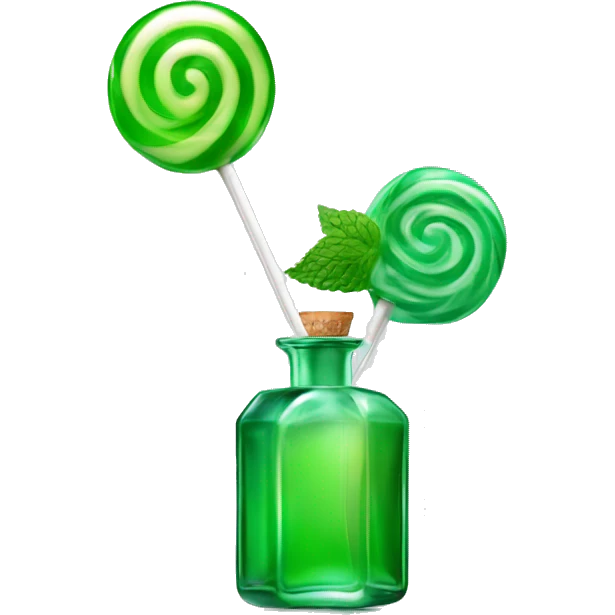 A glass bottle of perfume, like a lollipop, mint, glossy and emerald, shiny, rectangular in shape with a heart-shaped lollipop in the middle emoji
