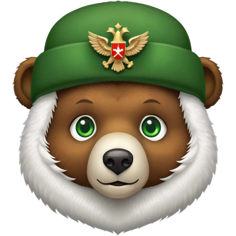 Cute brown bear face with bright green eyes wearing white fluffy ushanka hat with detailed Russian double-headed eagle emblem clearly visible in center, iOS emoji style emoji