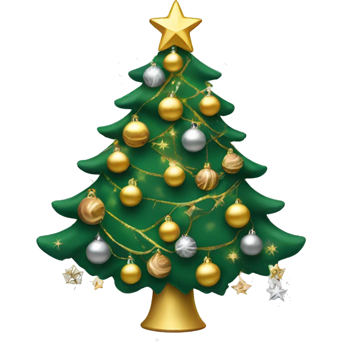 Green Christmas tree with 20 gold and silver ornaments and Christmas lights emoji