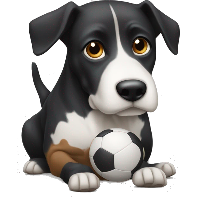 Perrita negra con las patas y cara marrones y las patitas blancas con una pelota emoji