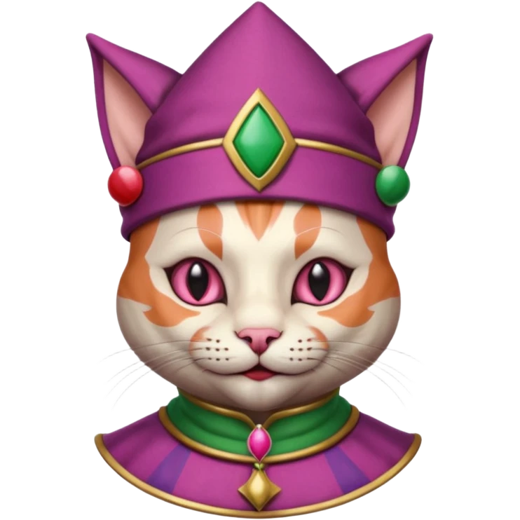 court jester cat medieval, single poker card joker clearly visible, pink, face only, round badge,  court jester cap emoji