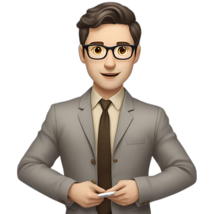 Pale skinned fit man with dark brown hair in gray jacket, beige office shirt, brown tie, brown pants and vintage glasses Writing text on the flipchart emoji