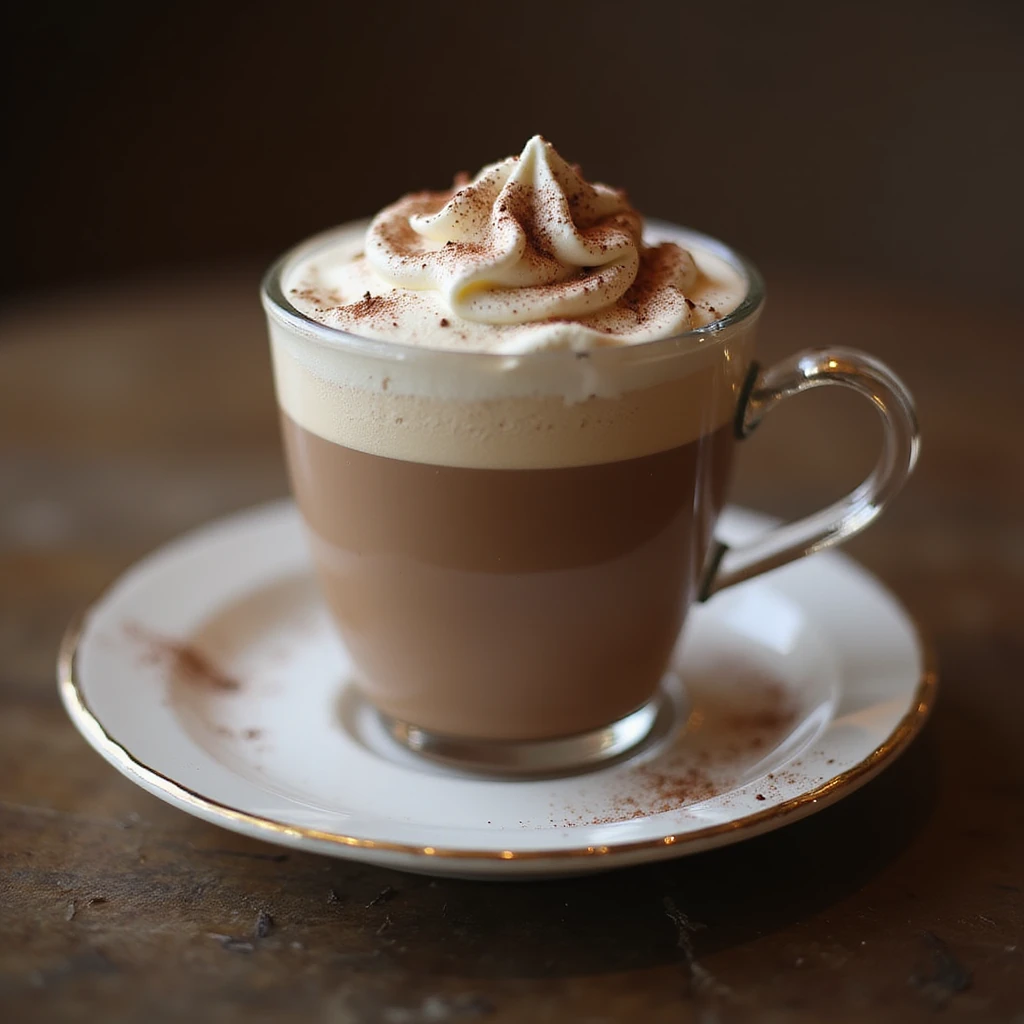 a realistic cup of mocha, photorealistic style, topped with whipped cream and cocoa powder, elegant saucer, warm lighting emoji