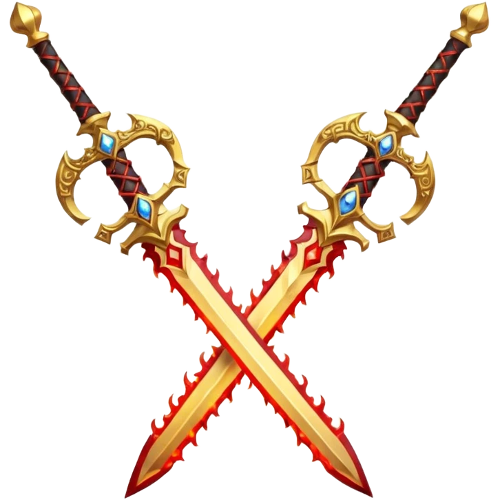 Two powerful on fire fully golden fiery royal crossed swords with red gems emoji