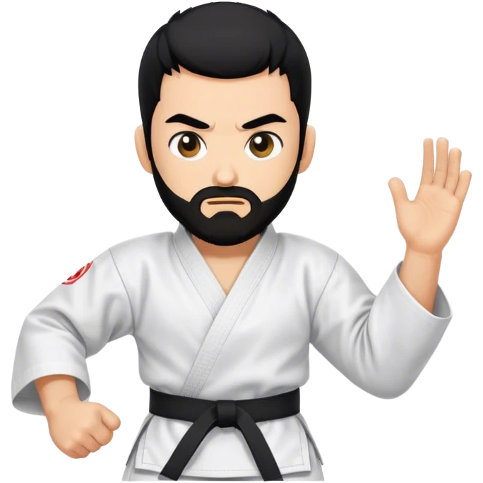 Dizzy fighter emoji, karate gi, swirling eyes, trimmed beard, medium-length black hair, short sides, hair forward, simple style. emoji