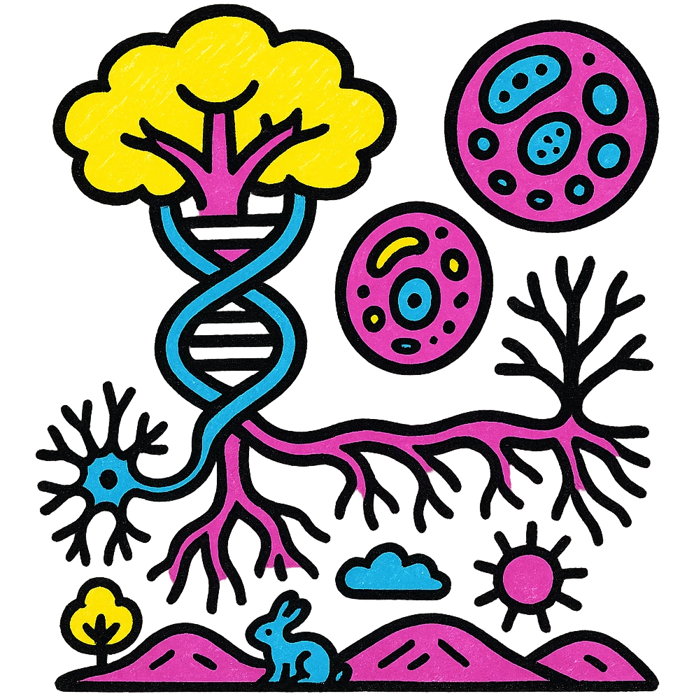 A realistic biological illustration (like in a school book) showing: DNA strands transitioning into a tree, cells with visible organelles, neurons connected to plant roots  and a balanced ecosystem background . Seamless integration, no labels or borders, complete white background (not off white!), detailed but minimalist.  emoji