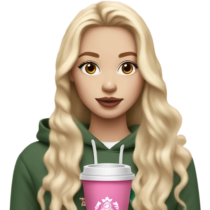 Light White skin girl with long blonde hair extensions with pink lips and lashes with a Starbucks in her hand and a beige hoodie on emoji