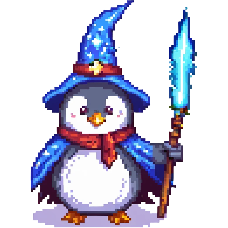 A penguin wizard with a glowing wand and a starry cloak, casting a spell emoji
