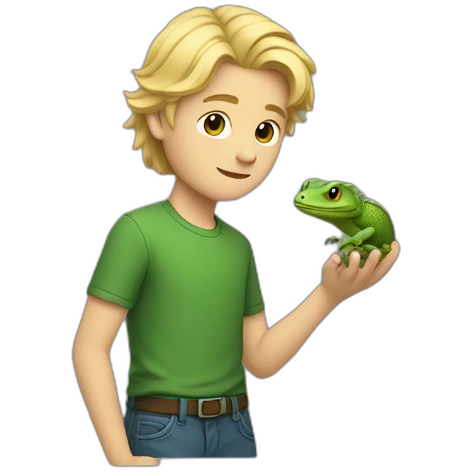 a white boy holding a lizard, wearing a green shirt with side swept blonde hair emoji