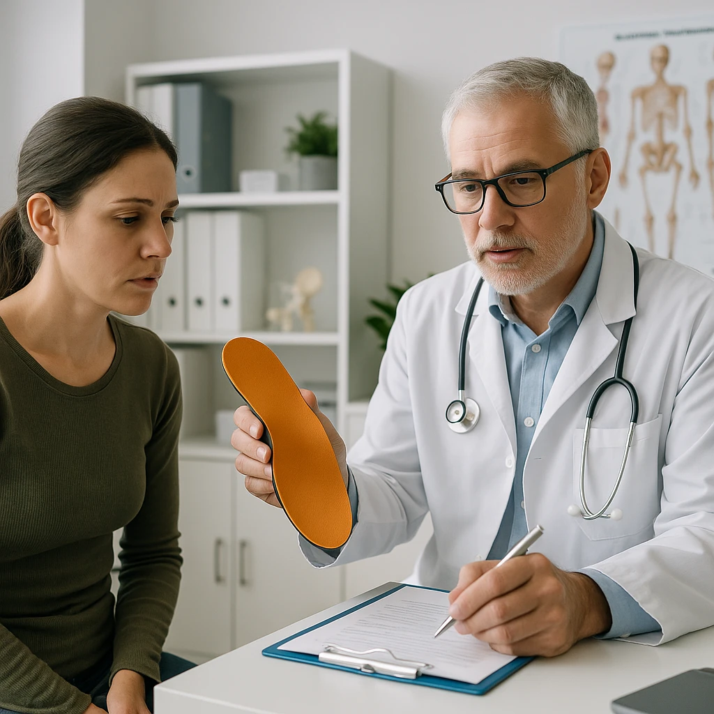 Realistic 4K image of a woman consulting an orthopedist who is taking notes, showing an orthotic insole and explaining her postural problems, professional medical environment. emoji