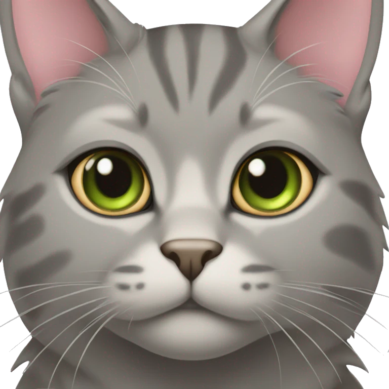 All grey and tan cat with tan spot on her forehead. Green eyes and pink nose emoji