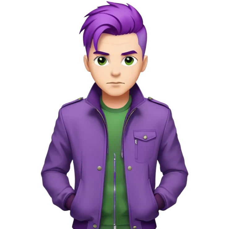 Confident man with purple hair and stylish green jacket, powerful stance like Thanos, modern fashion emoji