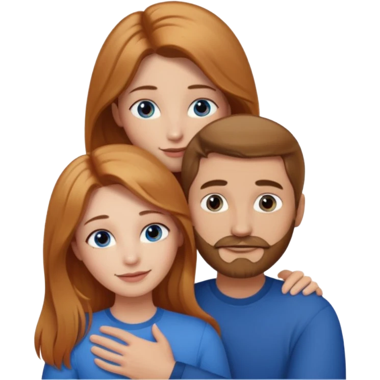girlfriend with long dark strawberry blonde hair middle part with brown eyes giving hug to man with blue eyes, dark blonde hair and facial hair emoji