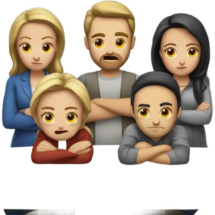 6 Caucasian people sitting around a table looking unhappy emoji