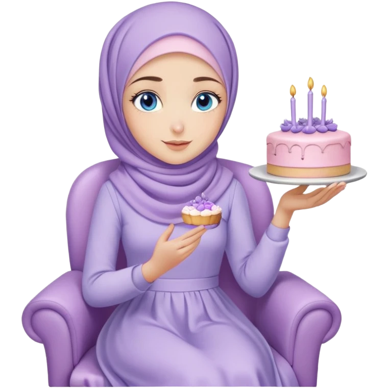 Turkish beautiful finish Konya girl blue eyes with pastel hijab long tail dress and sits on the chair and holds lavender cake with her hand  emoji
