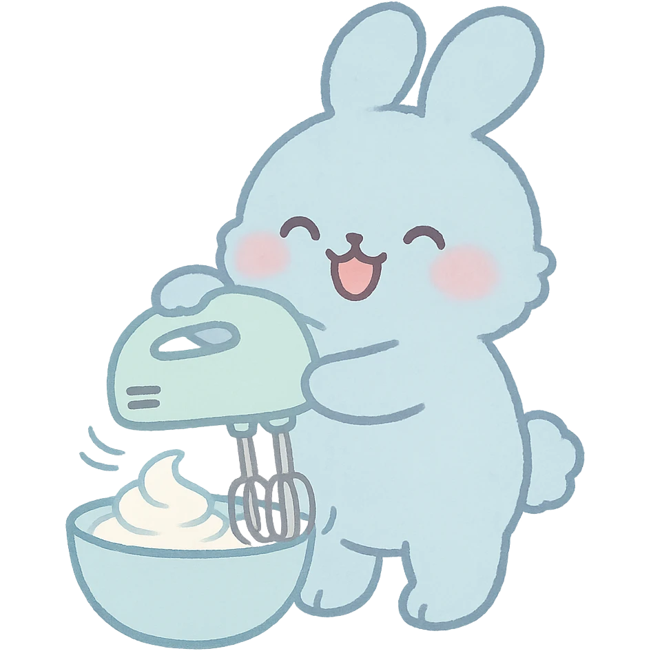 cute kawaii hand mixer rabbit, soft and fluffy, spinning cream, joyful expression, soft pastel blue, full-body emoji