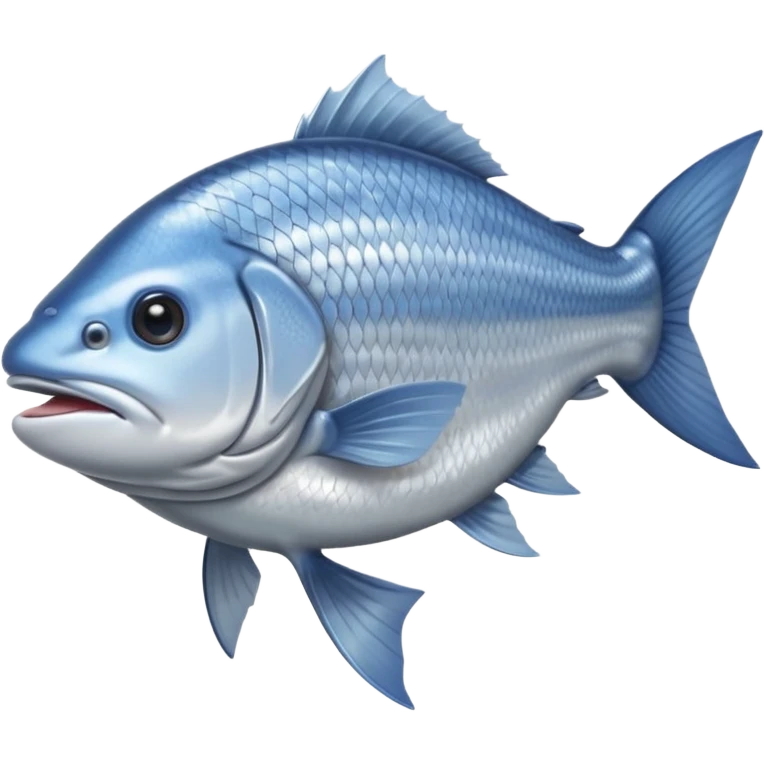 whole branzino fish, silvery metallic skin, grey-blue top, pale belly, fresh and glossy, natural scales, closed mouth, clear eyes, visible fins and tail, relaxed pose, soft lighting, subtle shadows, no plate or background, no faces, transparent background, emoji scale emoji