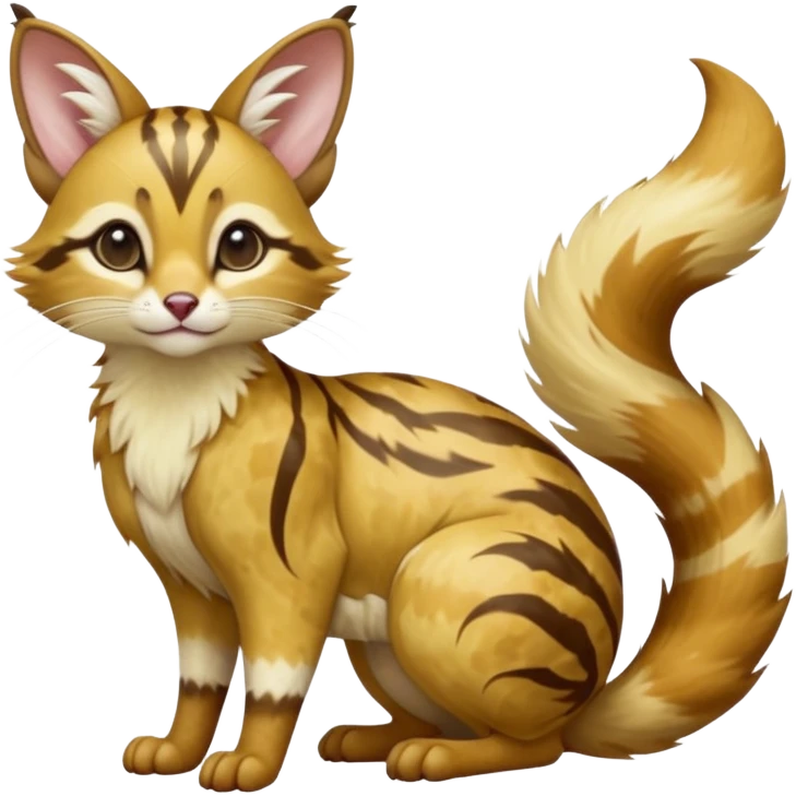 Hyper realistic  honey-gold caramel fur marbled with cream-sugar ripples and satin gloss beautiful elegant pretty precious cute  Fakémon-Pokémon-opossum-feline-serval-caracal-chinchilla-Furret-Minccino-hybrid-creature with a big fluffy bushy tail (full body) emoji