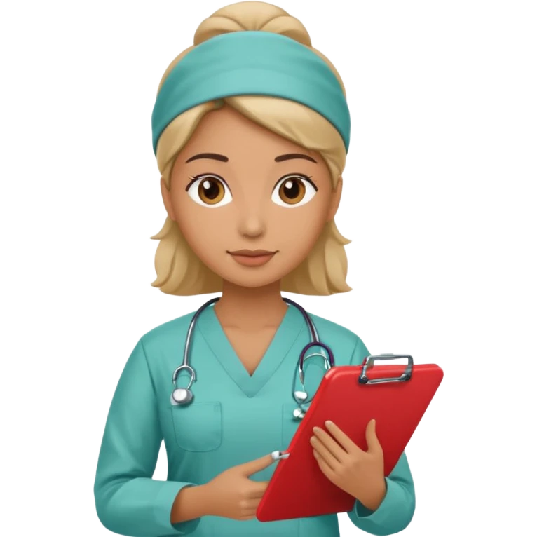 female neurosurgeon in scrubs holding clipboard, apple emoji style emoji