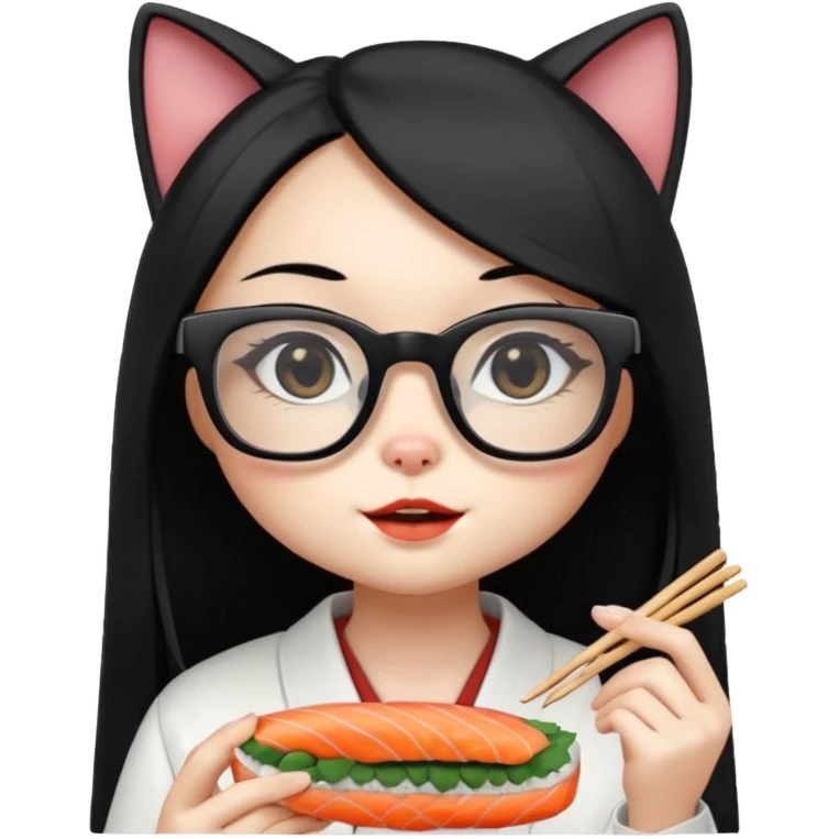cute girl cat with long straight hair and really big square glasses with super thin frames eating sushi emoji