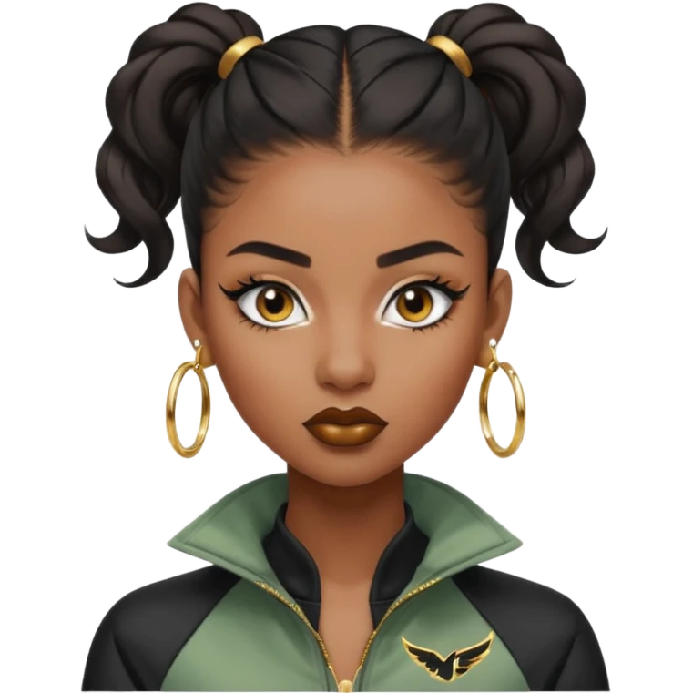 “black Emoji girl, fierce confident expression, sharp black winged eyeliner, bold brows, matte nude lips, long curled lashes, sleek high ponytail, gold hoop earrings, sporty streetwear jacket.” emoji