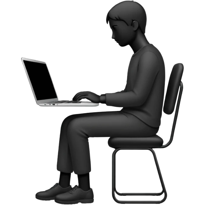 Minimalistic flat vector icon, iOS style, thin black contour on white background. Person silhouette sitting with a laptop, code brackets <> on the screen. Clean, no te emoji