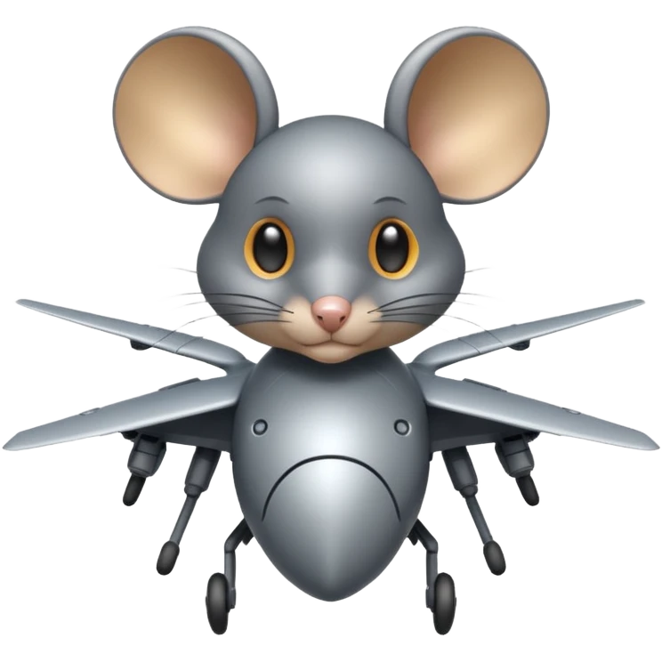A mouse combined with a military drone, with mechanical wings and a determined expression, flying through the city emoji