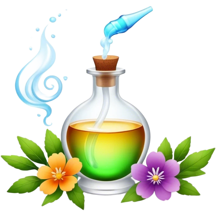 Perfume making icon, delicate glass bottle being filled with colorful essential oils from droppers, swirling mist rising from the bottle, flowers and herbs nearby, minimalistic style, clean lines, transparent background. emoji
