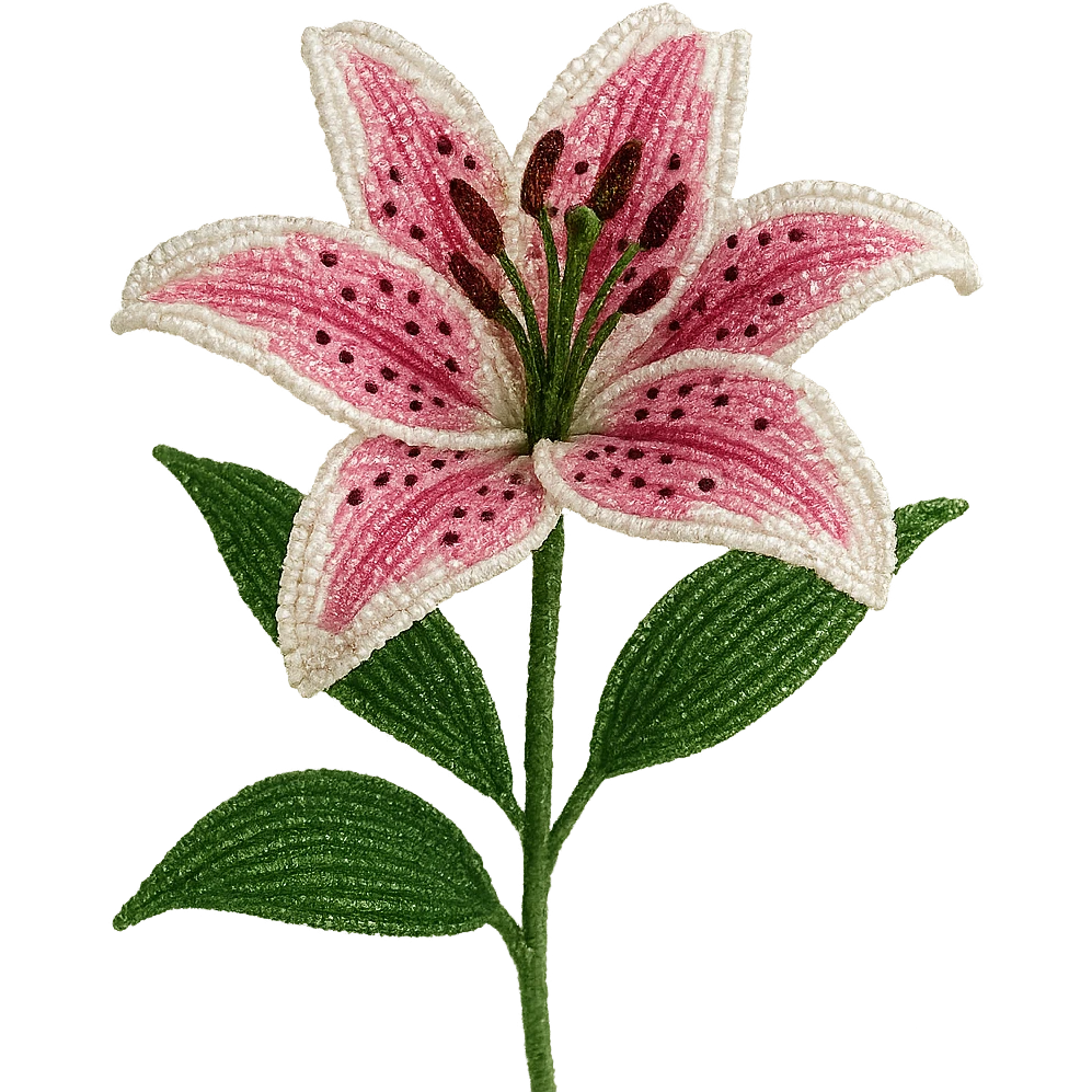 french beaded stargazer lily, beaded flower art, shimmering seed beads, pink and white petals with spots, green leaves, lifelike, no background emoji