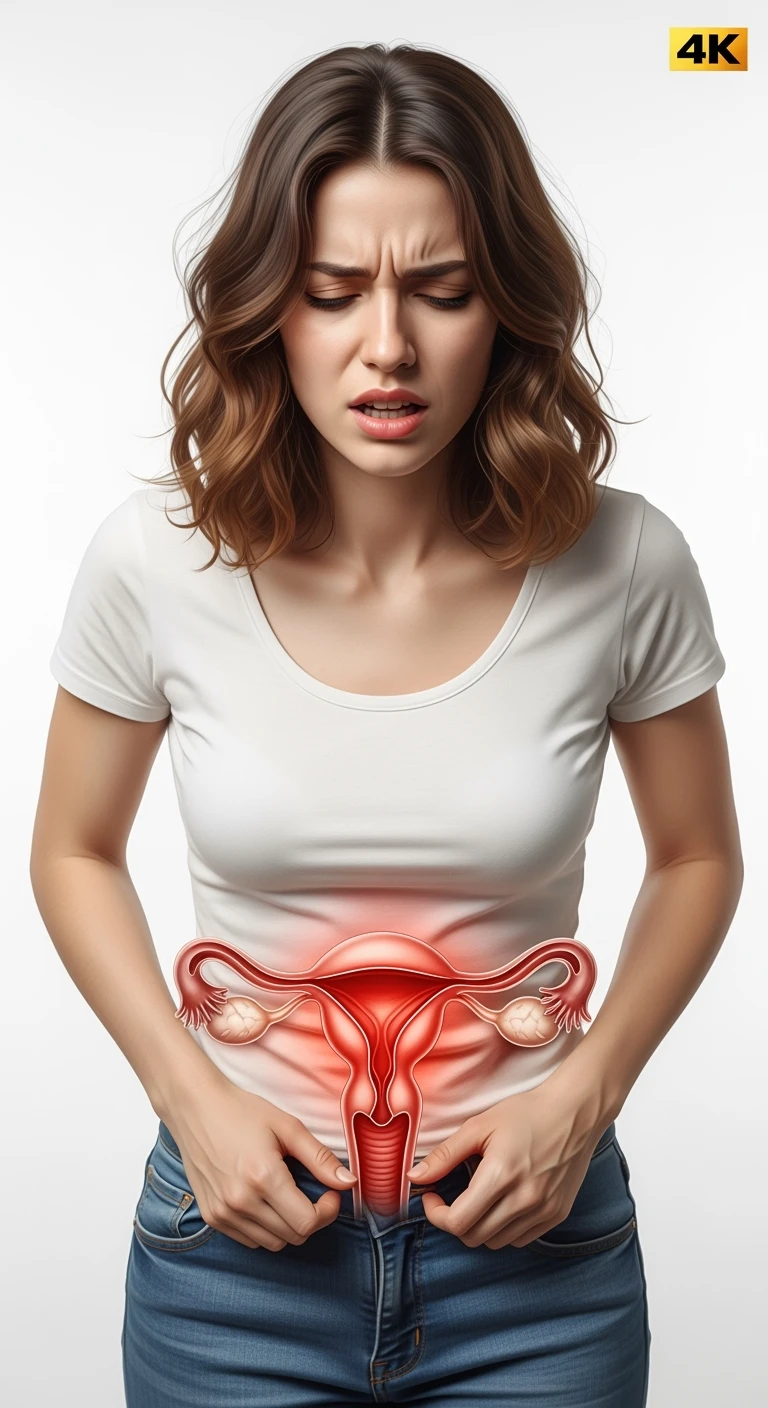 donna vestita casual realistico con utero umano anatomico in evidenza, dolore in volto
, IPERREALISTICO 4K, sfondo bianco emoji
