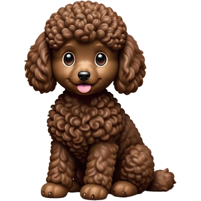 cinematic-[poodle]-realistic-full-body-sitting-emoji,-tail-resting-loosely-beside-its-paws,-head-tilted-dramatically, -curly-[chocolate]-fur,-simplified-yet-realistic-focused-features,-highly-detailed,-glowing-with-an-almost-sarcastic-glow emoji