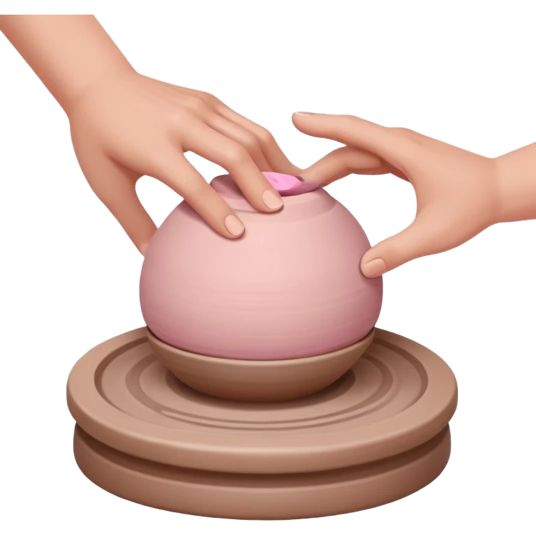 one hand centering a pink ball of clay on an empty pottery wheel, pressing down with palm to center it emoji