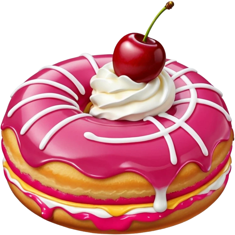 Round donut with smooth pink icing and thin white drizzle lines, golden-brown dough visible on the sides.
White whipped cream dollop in the center topped with a glossy red cherry and stem, clean studio lighting, pure white background, realistic minimal emoji-style. emoji
