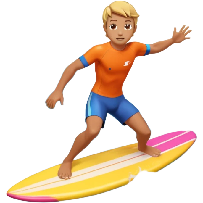 cute surfer riding big ocean waves, dynamic action pose, splash water, colorful surfboard, tropical vibe, 3D cartoon, mobile game icon style, bright colors, soft shadows, clean background, no text, no watermark emoji