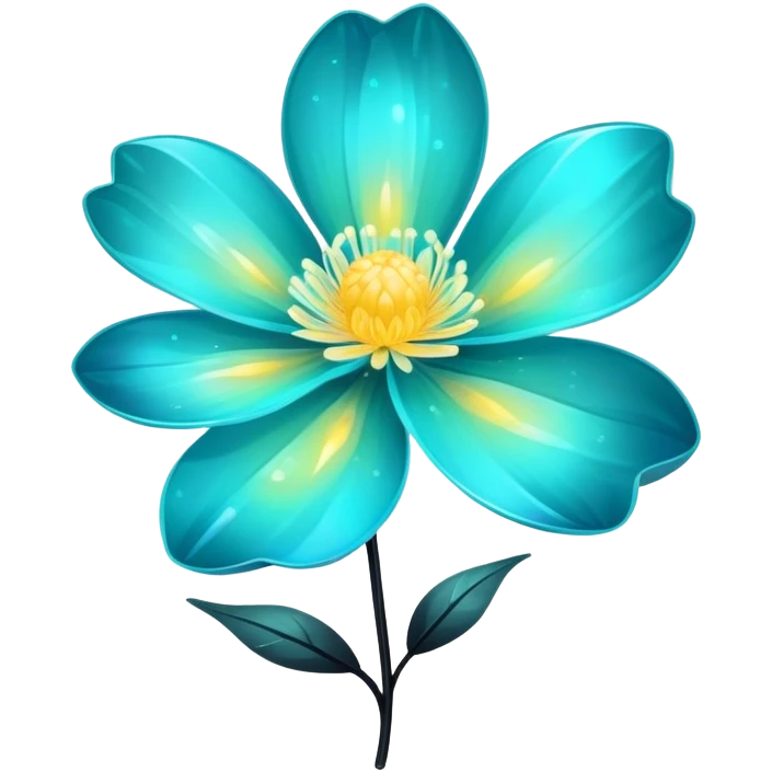Pastel black and cyan iridescent transparent bio-luminescent flower with yellow sparkels emoji
