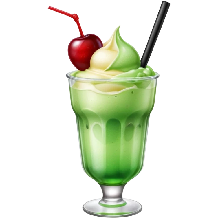 Create an emoji with a clear rounded glass, bright transparent green soda with fine bubbles, a smooth vanilla scoop, a glossy red cherry, and a black straw, using vibrant colors, soft shading, and clear glass highlights.
 emoji