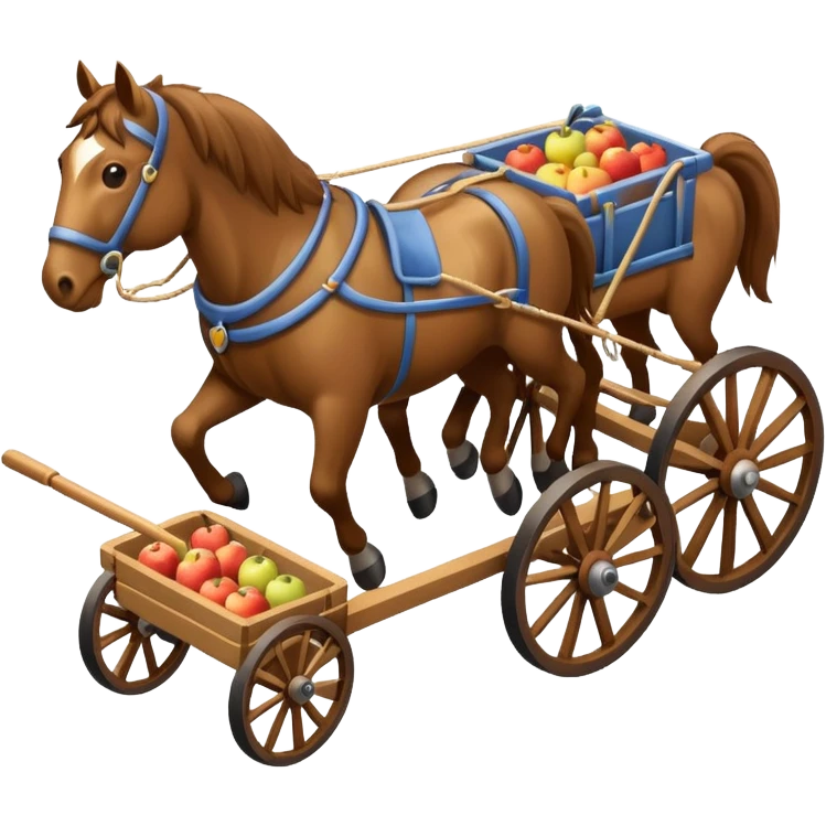 isometric horses pulling a cart with different cart design, apple emoji style emoji
