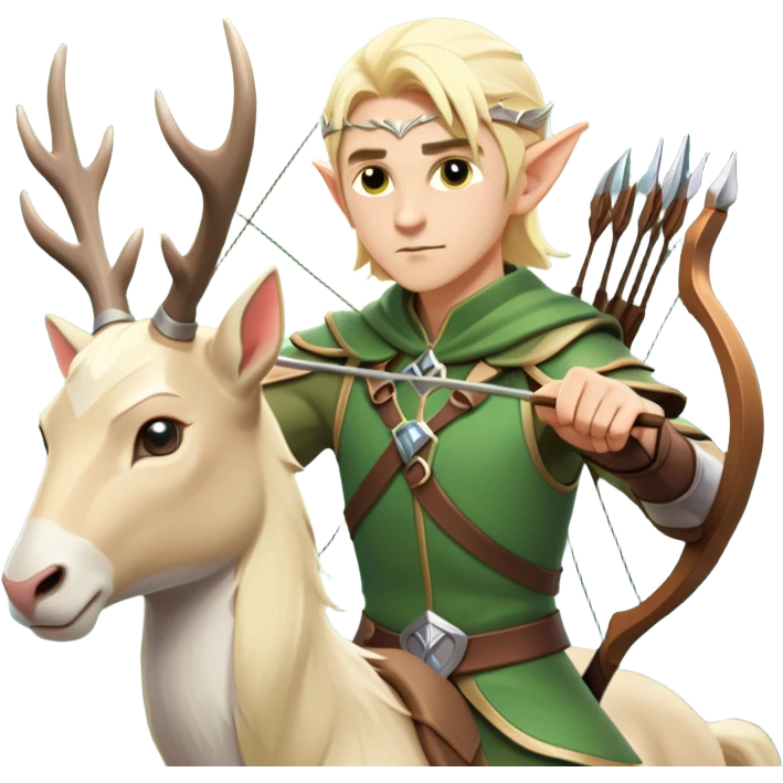clash-of-clans-aesthetic-blond-male elf-archer-portrait-emoji, rendered in a flat, vector-style with minimal shading and bold holding his bow, simplified shapes, head tilted slightly forward with a determined, focused expression, riding a majestic white stag whose antlers glow with mystical energy, set against an ancient, enchanted forest backdrop. emoji
