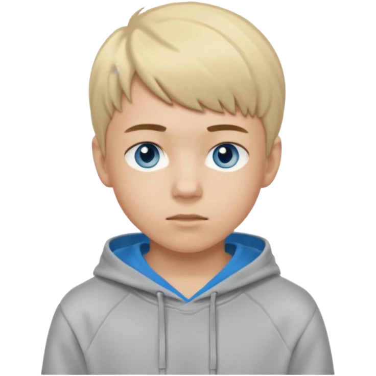 Teen boy with blue eyes and a Grey hoodie who stands up with blond short hair and short bangs emoji