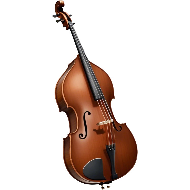 Create an elegant and detailed emoji representing a Gliga Gama double bass with bow. The design should showcase the large, sleek body of the double bass with its rich wood finish, including the characteristic curves and deep tone holes. The bow should be elegantly positioned next to the instrument, highlighting the hair and smooth wooden stick. Use warm wood tones like chestnut brown for the body of the bass, silver accents for the fittings, and dark brown for the bow. Add subtle musical notes or sound waves flowing from the bass to represent its deep, resonant sound. The background should be transparent. emoji