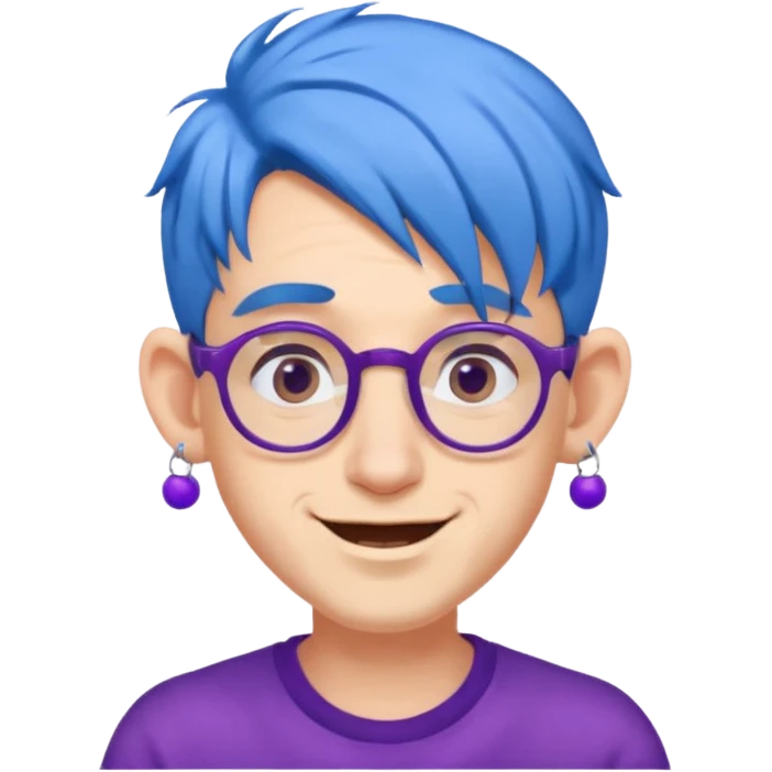 blue haired man mid length hair with big ears and purple earrings and spectaclesi happy emoji