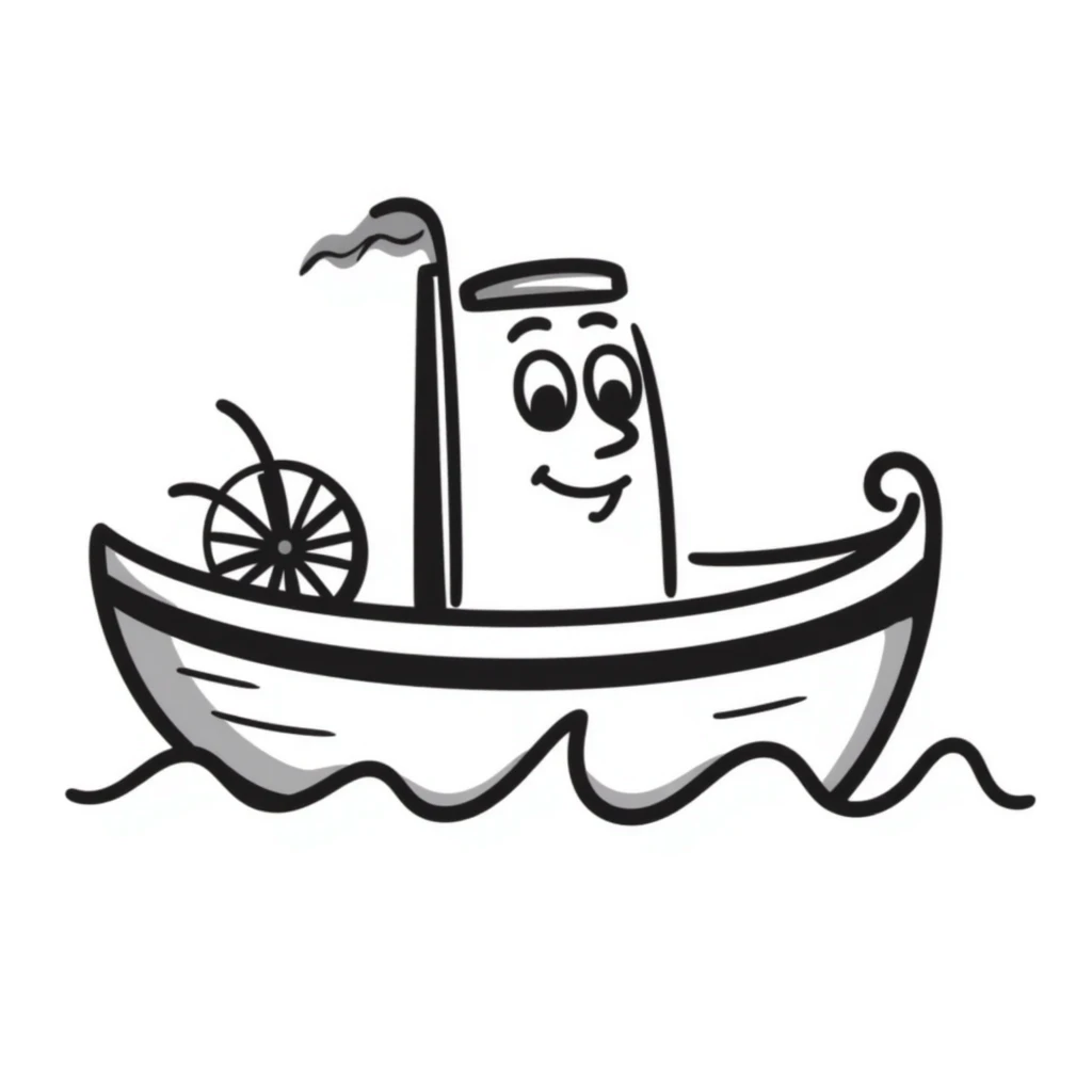 A hand-drawn toy paddleboat with a grinning face and little spinning wheels emoji