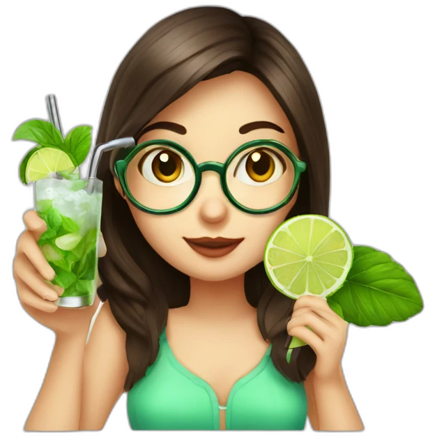 brunette girl + magnifying glass drinking mojito emoji