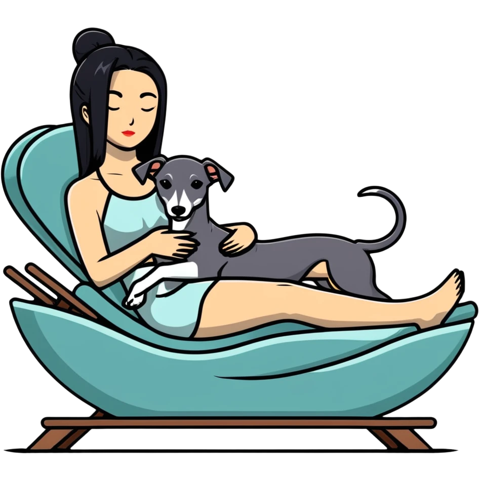 Very thin Chinese woman with long black hair relaxing on a spa lounger with exactly ONE whippet dog. EXTREME IMPORTANCE: the whippet must have a COMPLETELY GREY FACE with ABSOLUTELY NO WHITE MARKINGS anywhere on its face, muzzle, or nose. The entire dog must be ONE SOLID VERY DARK CHARCOAL GREY COLOR from nose to tail with NO WHITE or LIGHT AREAS anywhere - NO white on face, NO white on muzzle, NO white on chest, NO white on paws, NO white on tail - NOTHING BUT A SINGLE SHADE OF VERY DARK GREY throughout the entire animal emoji
