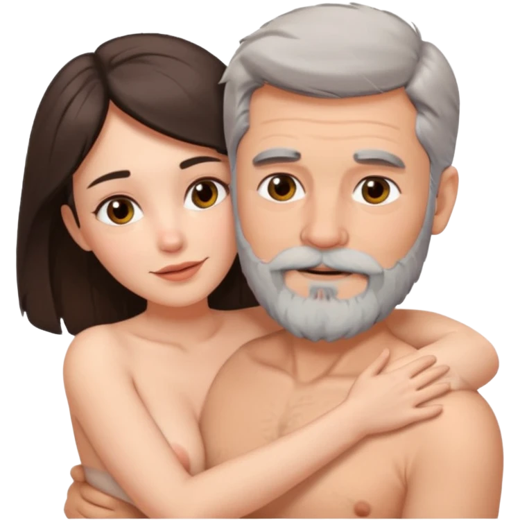 Grey haired bearded man, and pretty brunette woman cuddling naked emoji
