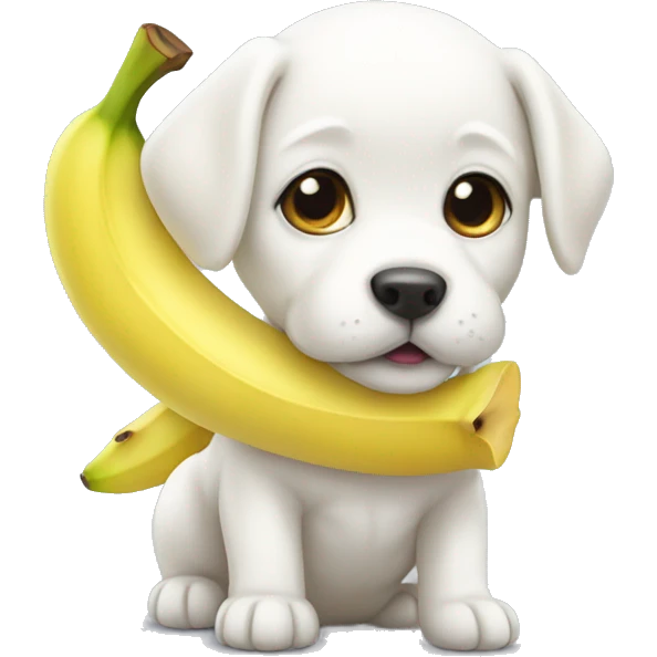 A white puppy wearing banana clothes. emoji