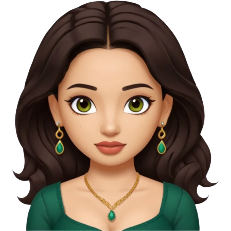 pretty bratz genmoji that looks like tamannah bhatia (bollywood actress), wearing a dark green sweetheart neckline top, dark brown hair, light makeup, no necklace, dangly earrings, side hair part, dark brown eyes, with full tattoos emoji