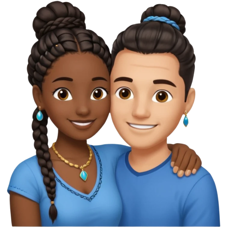 smiling embracing interracial couple from waihair in a bunn in a bunst up. dark ebony woman with long braided hair and jewelry. brazillian man short hair wearing blue. emoji