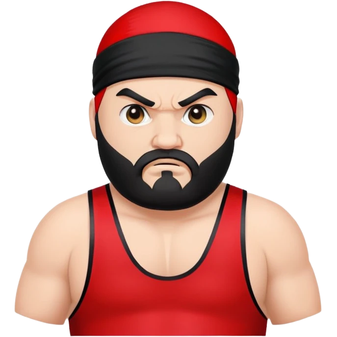 White skin fat guy with prominent black durag, black beard, black eyes in a red and black wrestling singlet with angry face emoji