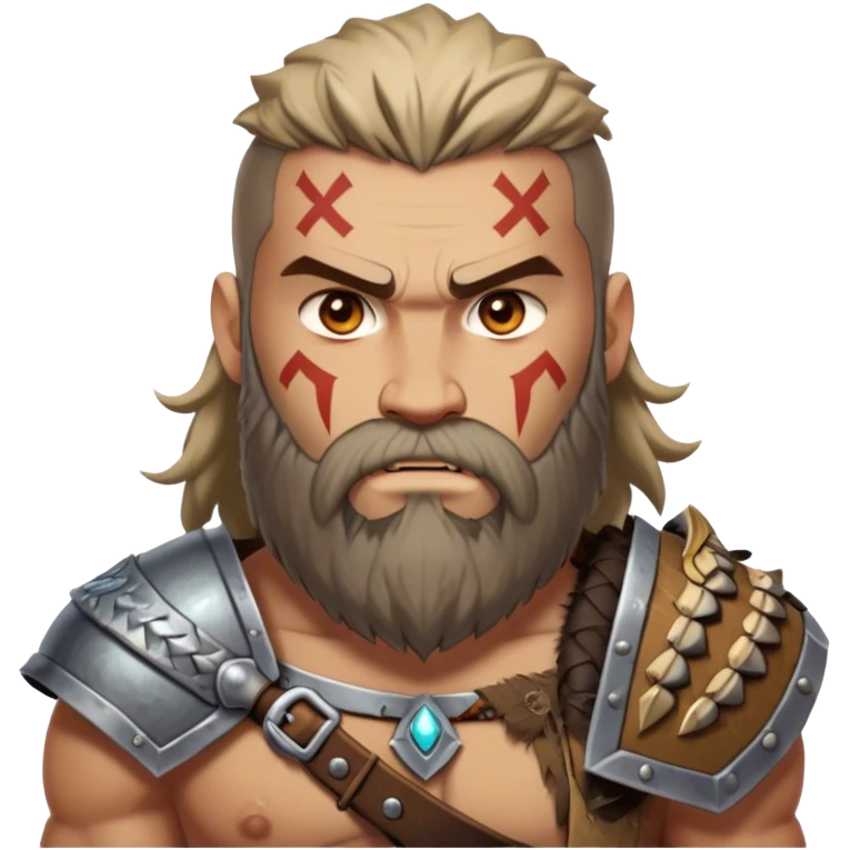 Clash of Clans aesthetic: Cinematic Rugged Barbarian Portrait Emoji, Intense and formidable with a heavily muscled physique, a rugged beard, piercing eyes and battle-worn armor adorned with tribal markings, his complexion a light tan that speaks of hard-fought battles, Simplified yet powerfully detailed features, highly detailed, glowing with a deep, primal energy, high shine, gritty and uncompromising, stylized with an air of raw, untamed power, focused and determined, soft glowing outline, capturing the essence of a barbarian warrior carved by countless battles and poised to lead his clan into epic conflict! emoji